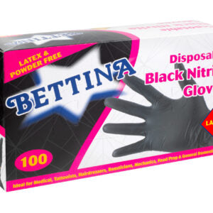 B413 Bettina 100pc Black Nitrile Gloves Latex & Powder Free S/M/L/XL